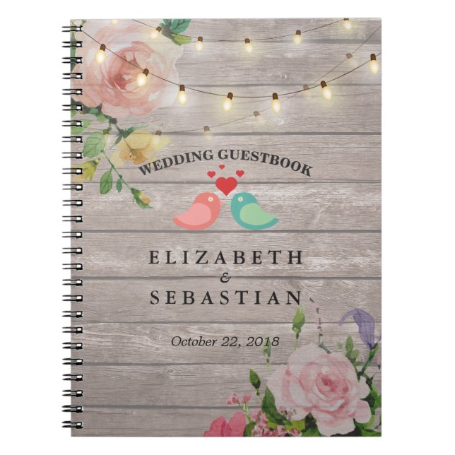 Rustic Wood String Lights Floral Wedding Guestbook Notebook (Front)