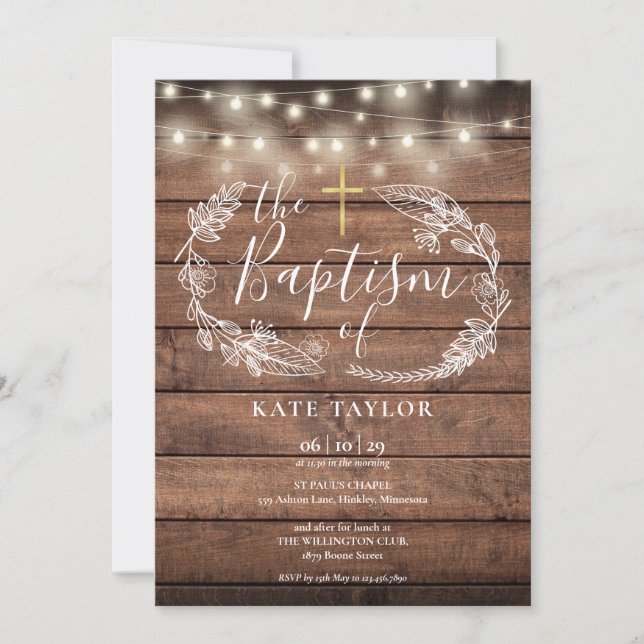Rustic Wood String Lights Foliage Baptism Invitation (Front)