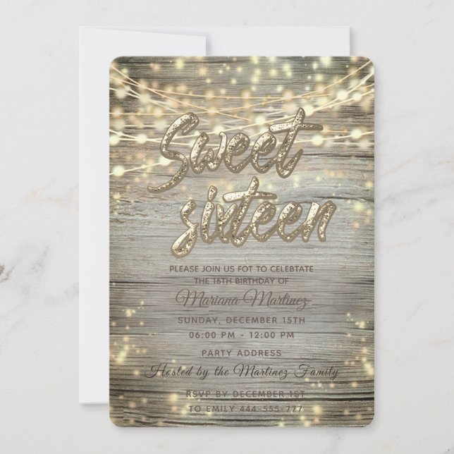 Rustic wood String lights gold sparkle  Invitation (Front)