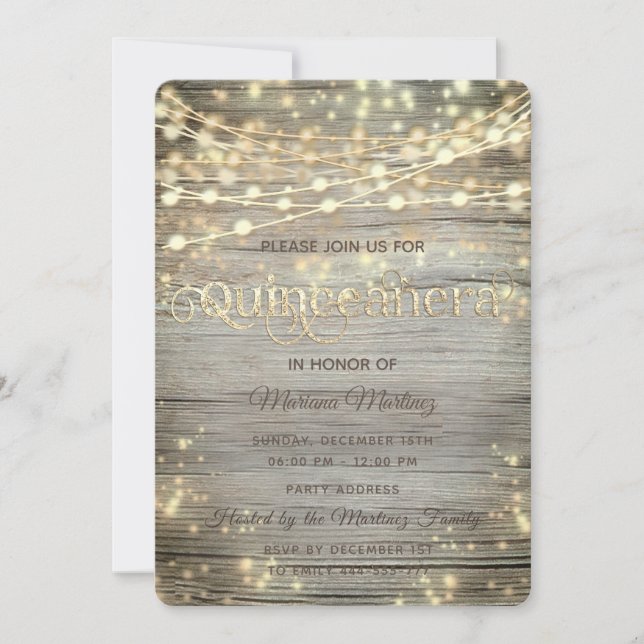 Rustic wood String lights gold sparkle  Invitation (Front)
