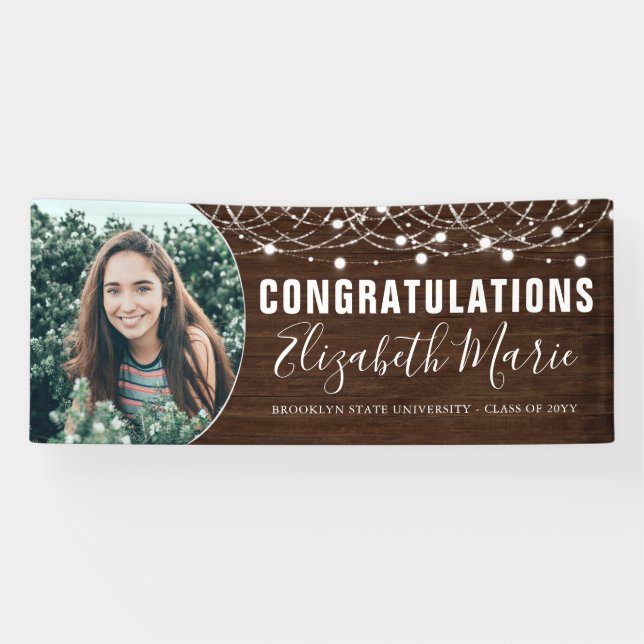 Rustic Wood String Lights Grad Photo Graduation  Banner (Horizontal)