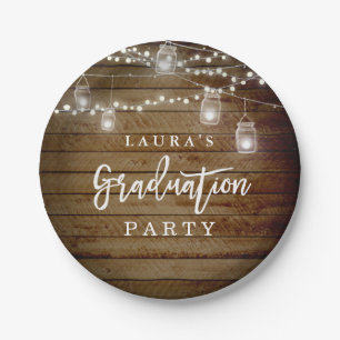 Rustic Wood String Lights Graduation Paper Plate