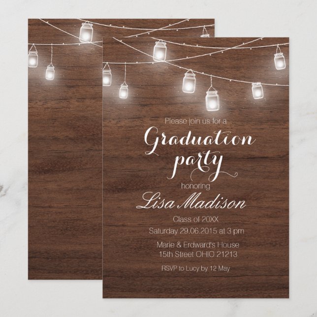 Rustic Wood String Lights Graduation Party Card (Front/Back)