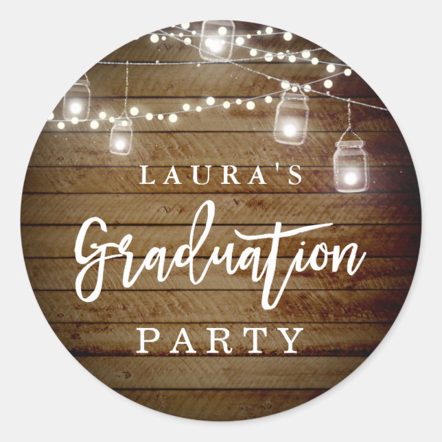 Rustic Wood String Lights Graduation Party Sticker (Front)