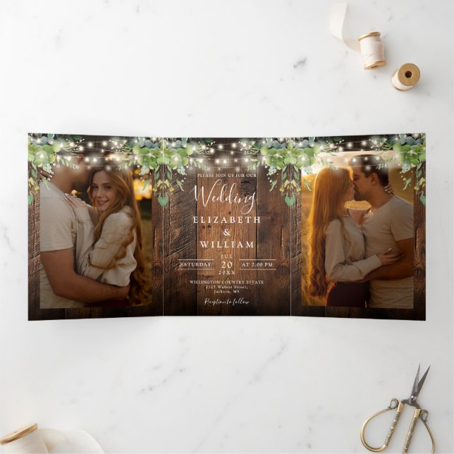 Rustic Wood String Lights Greenery 3 Photo Wedding Tri-Fold Invitation (Inside)