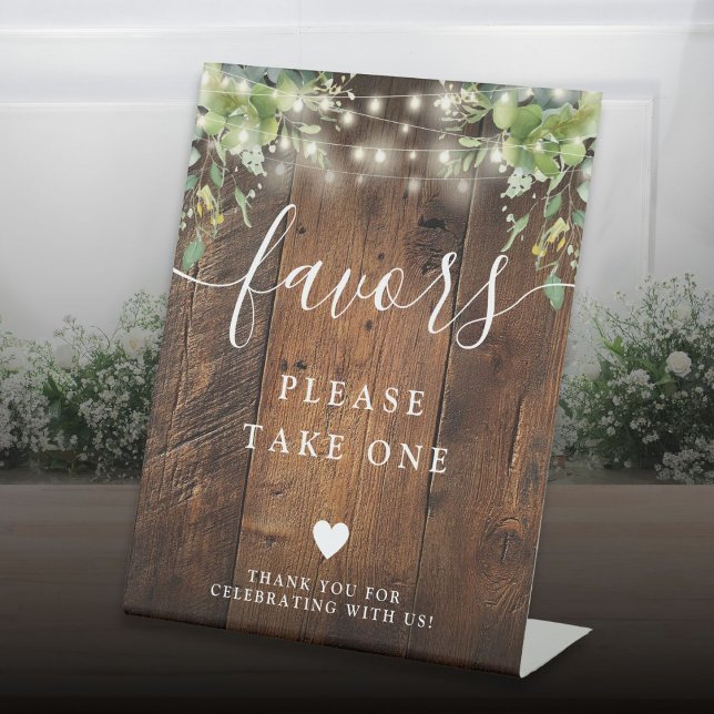 Rustic Wood String Lights Greenery Boho Favours Pedestal Sign (Rustic Wood String Lights Greenery Boho Favors Pedestal Sign)