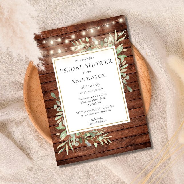 Rustic Wood String Lights Greenery Bridal Shower Invitation (Creator Uploaded)