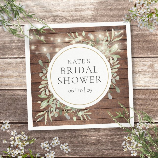 Rustic Wood String Lights Greenery Bridal Shower Napkin (Rustic Wood String Lights Greenery Bridal Shower Napkins)