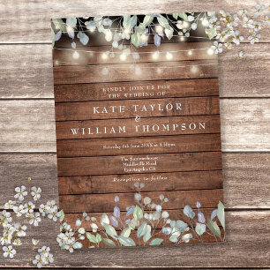 Rustic Wood String Lights Greenery Floral Wedding Invitation