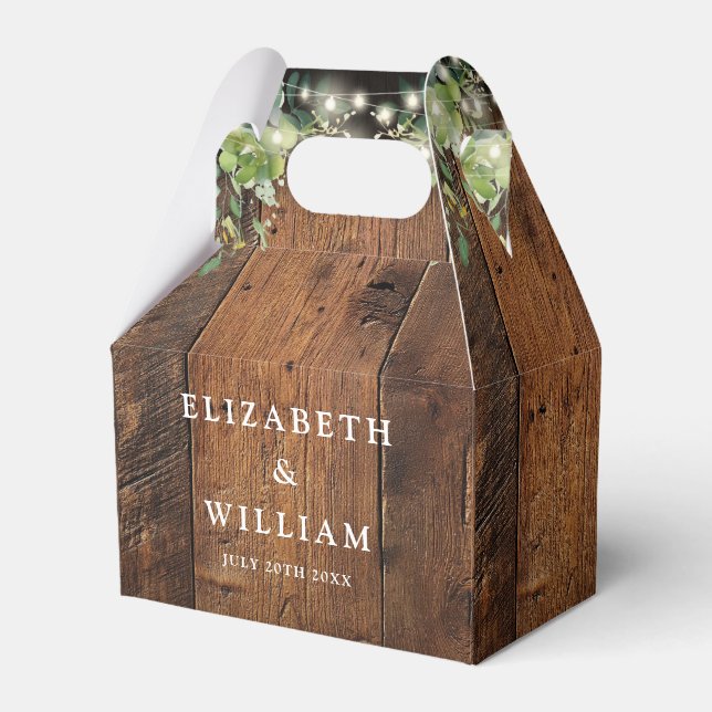 Rustic Wood String Lights Greenery Wedding Favor Box (Front Side)