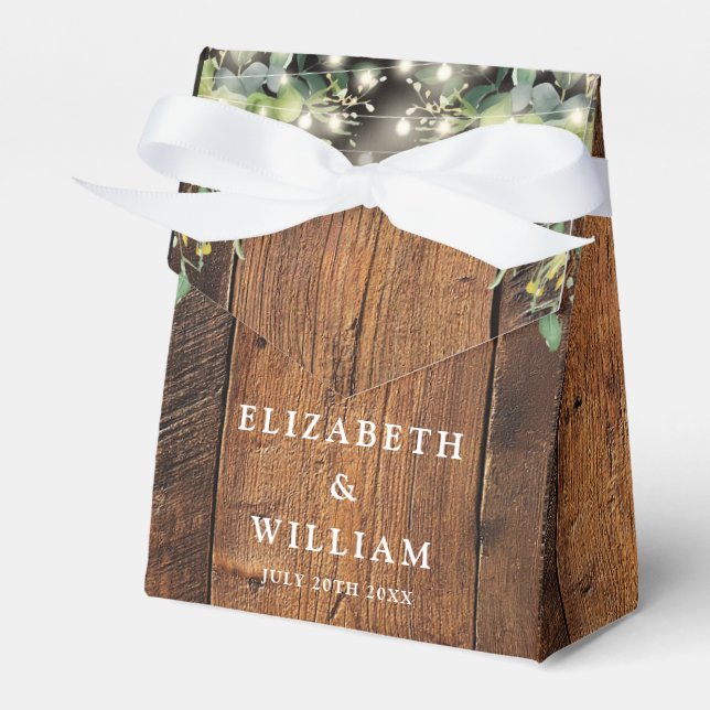Rustic Wood String Lights Greenery Wedding Favor Box (Front Side)