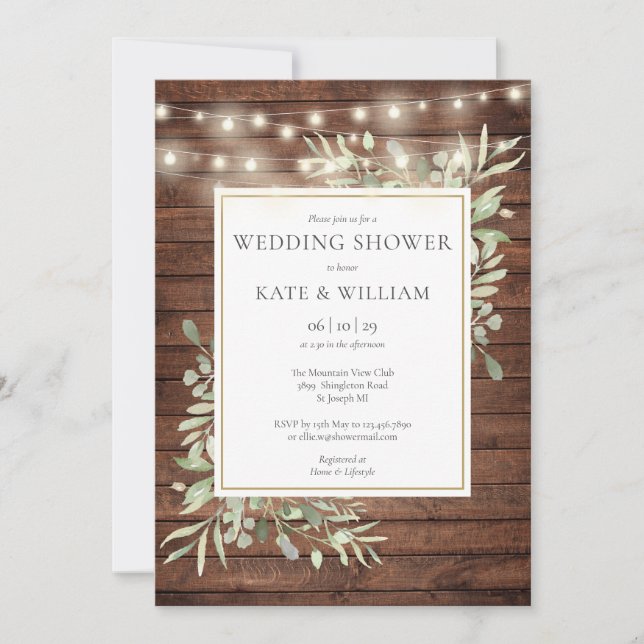 Rustic Wood String Lights Greenery Wedding Shower Invitation (Front)
