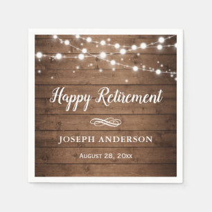 Rustic Wood String Lights Happy Retirement Napkin