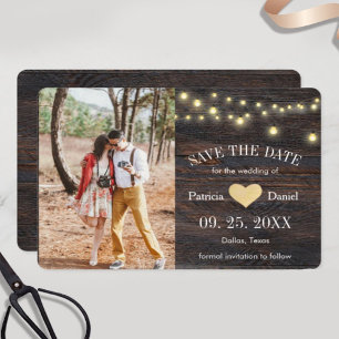 Rustic Wood String Lights Heart Photo Wedding Save The Date