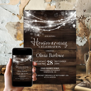 Rustic Wood String Lights Housewarming Party Invitation