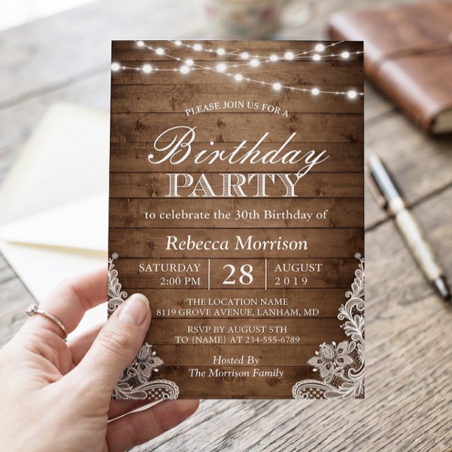 Rustic Wood String Lights Lace Birthday Party Invitation (Creator Uploaded)