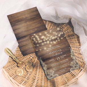 Rustic Wood & String Lights   Lace Bridal Shower Invitation