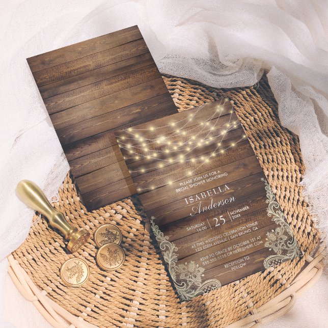 Rustic Wood & String Lights | Lace Bridal Shower Invitation (Creator Uploaded)