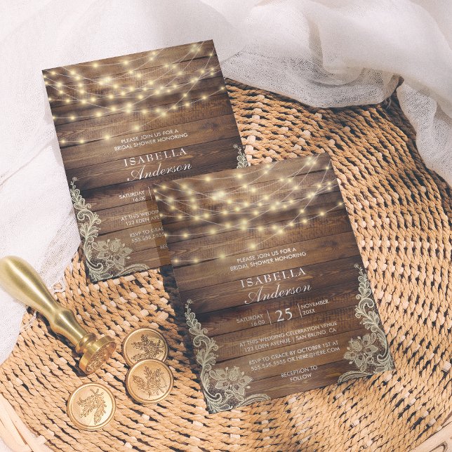 Rustic Wood & String Lights | Lace Bridal Shower Magnetic Invitation (Creator Uploaded)