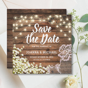 Rustic Wood String Lights & Lace Save the Date Inv Invitation