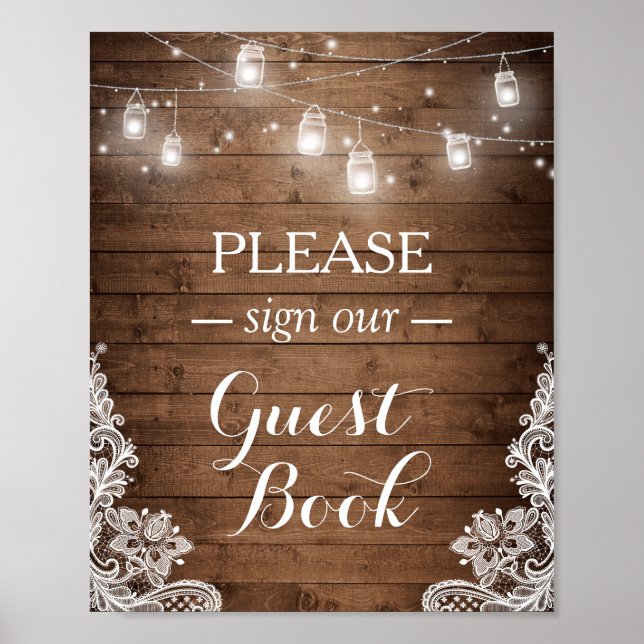 Rustic Wood String Lights Lace Sign Guestbook (Front)