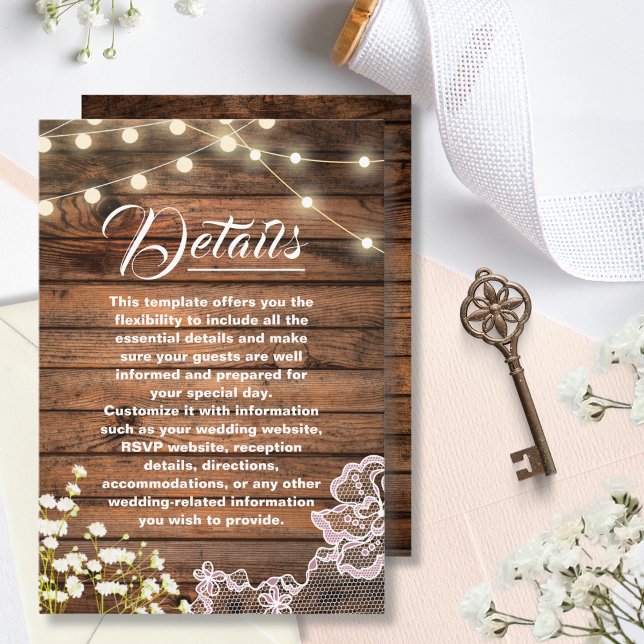 Rustic Wood String Lights & Lace Wedding Details Enclosure Card (Creator Uploaded)