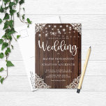 Rustic Wood String Lights Lace Wedding Invitation Postcard<br><div class="desc">Rustic Wood and String Lights Lace Wedding Invitation Postcard featuring a rustic wood background with twinkling strings of lights and vintage style lace in the bottom corners. The word wedding is set off in elegant yet rustic typography,  making this the perfect design for your boho or country wedding.</div>