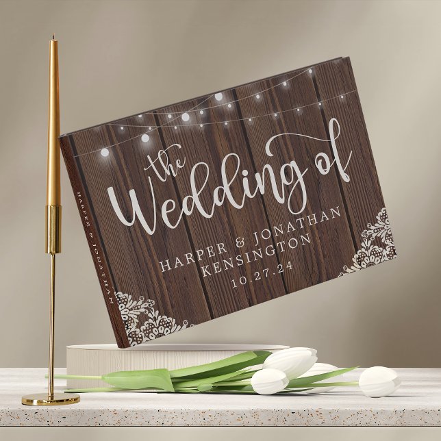 Rustic Wood String Lights Lace Wedding Photo Guest Book (Creator Uploaded)