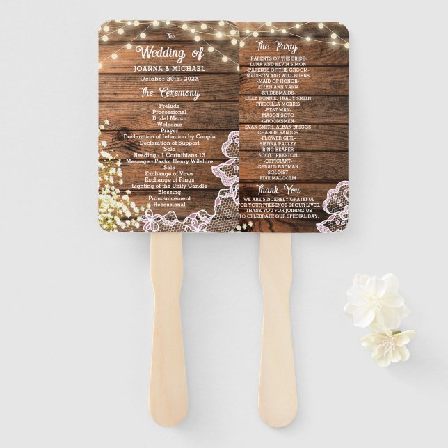 Rustic Wood String Lights & Lace Wedding Program Hand Fan (Front and Back)