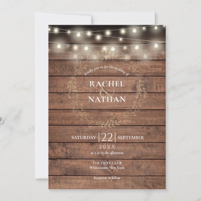 Rustic Wood String Lights Laurel Garland Wedding Invitation (Front)