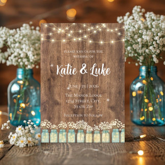 Rustic Wood String Lights Mason Jar Babys Breath Invitation