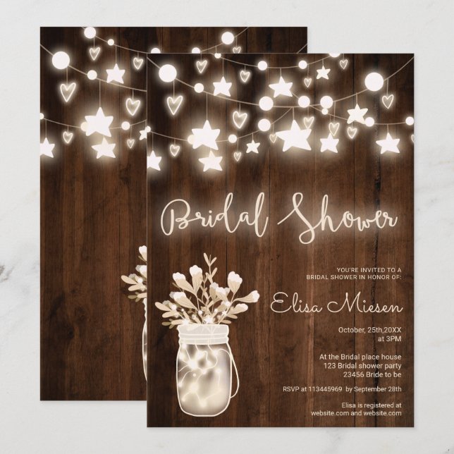 Rustic wood string lights mason jar bridal shower invitation (Front/Back)