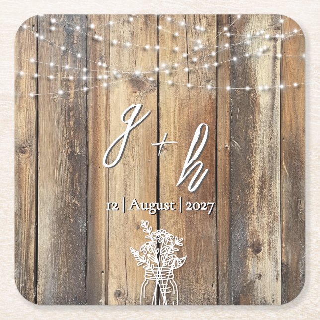 Rustic Wood String Lights Mason Jar Elegant Favour Square Paper Coaster (Front)