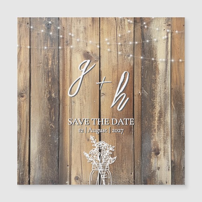 Rustic Wood String Lights Mason Jar Save the Dates (Front)