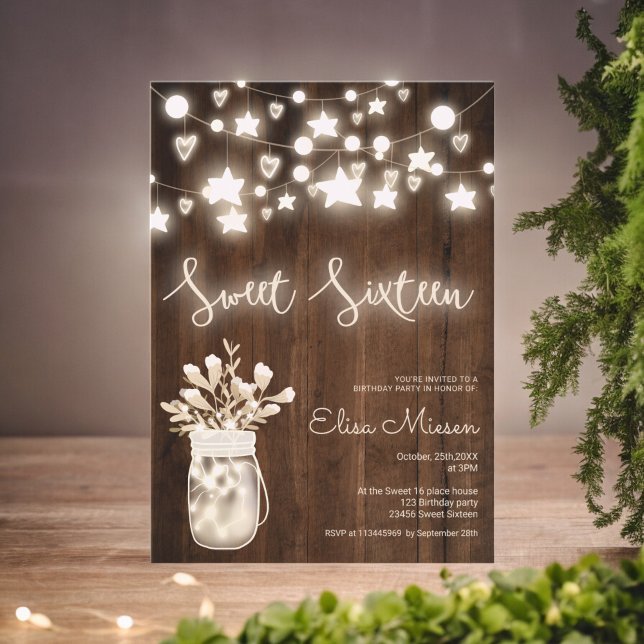 Rustic wood string lights mason jar Sweet 16 Invitation (Rustic wood string lights mason jar Sweet 16 Invitation)