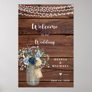 Rustic Wood String Lights Mason Jar Welcome  Poster