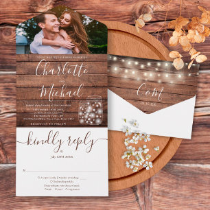 Rustic Wood String Lights Mason Jars Photo Wedding All In One Invitation