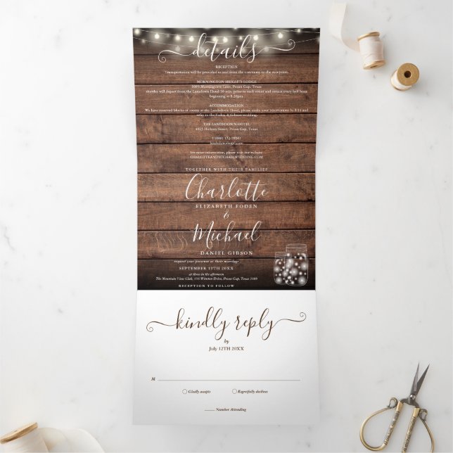Rustic Wood String Lights Mason Jars Photo Wedding Tri-Fold Invitation (Inside)