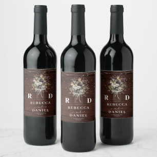 Rustic Wood String Lights Monogram Wedding  Wine Label