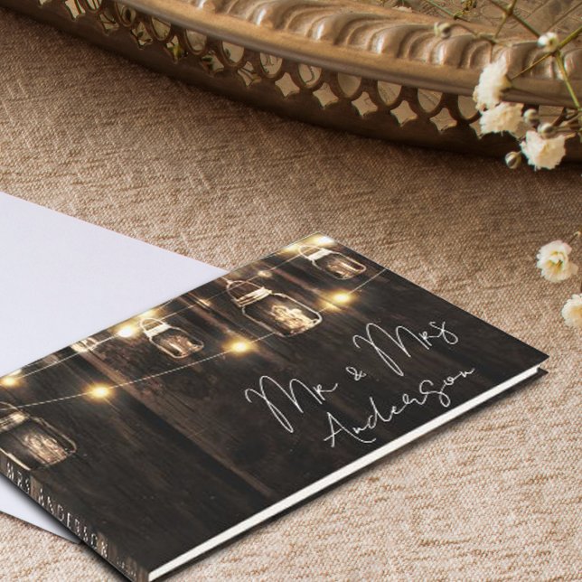 Rustic Wood String Lights Mr & Mrs Wedding Guest Book (Creator Uploaded)
