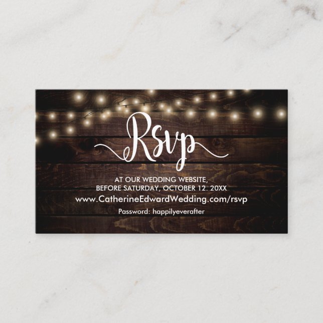 Rustic Wood, String Lights, Online RSVP website Enclosure Card (Front)