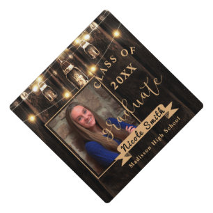 Rustic Wood String Lights Photo Class of 2026 Graduation Cap Topper