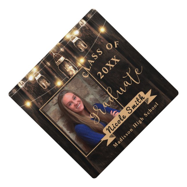 Rustic Wood String Lights Photo Class of 2026 Graduation Cap Topper (Front)