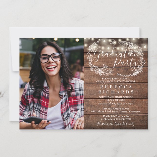 Rustic Wood String Lights Photo Graduation Party Invitation (Front)