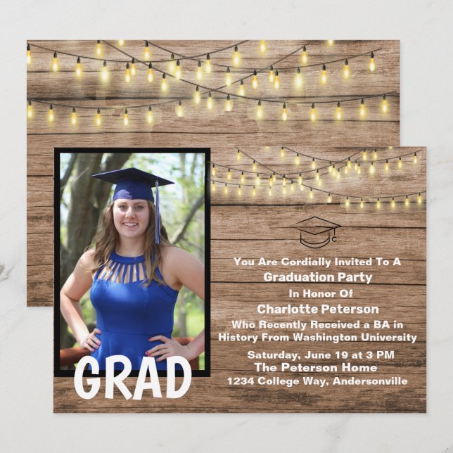 Rustic Wood & String Lights Photo Graduation Party Invitation (Front/Back)