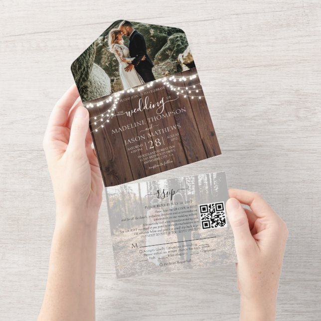 Rustic Wood String Lights Photo QR Code Wedding All In One Invitation (Tearaway)