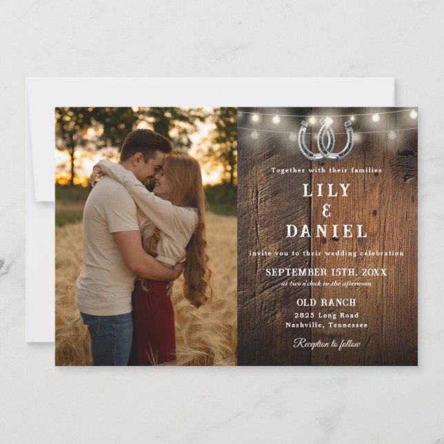 Rustic Wood String Lights Photo QR Code Wedding Invitation (Front)