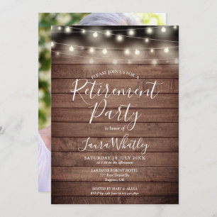 Rustic Wood String Lights Photo Retirement Party Invitation