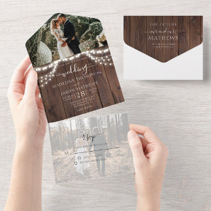Rustic Wood String Lights Photo RSVP Wedding All In One Invitation