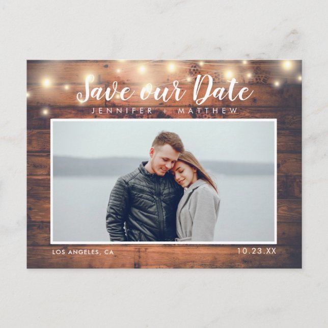 Rustic Wood String Lights Photo Save the Date Announcement Postcard (Front)
